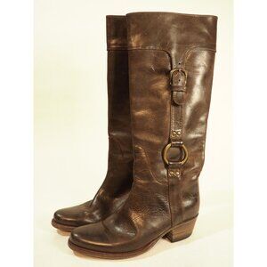 Frye Dark Brown Leather Buckle Pull-On Cowboy Boots, Size 6 (US)